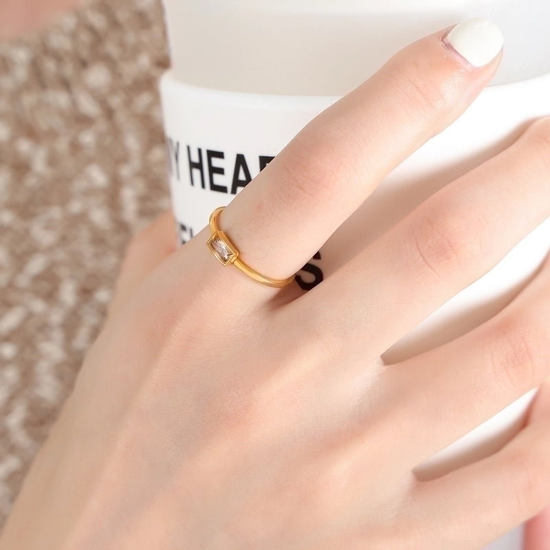 Minimalist Square Oval Titanium Steel Glass Stone Zircon 18K Gold Plated Plating Inlay Rings