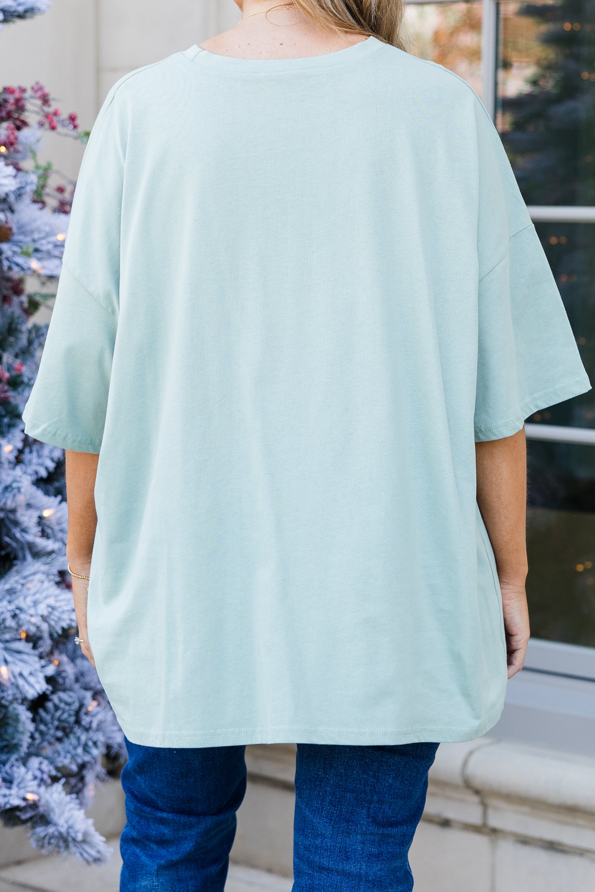 Mistletoe & Mimosas Boyfriend Tee. Light Sage