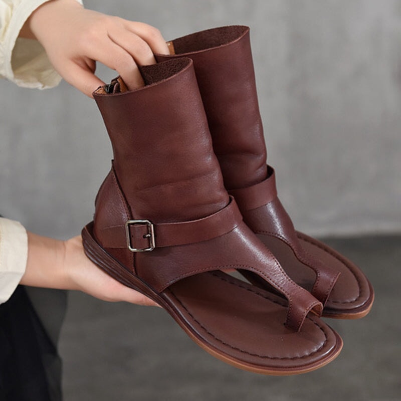 Leather Gladiator Toe Ring Flat Sandals Summer Roman Ankle Boots with Buckle & Back Zipper in Coffee/Black
