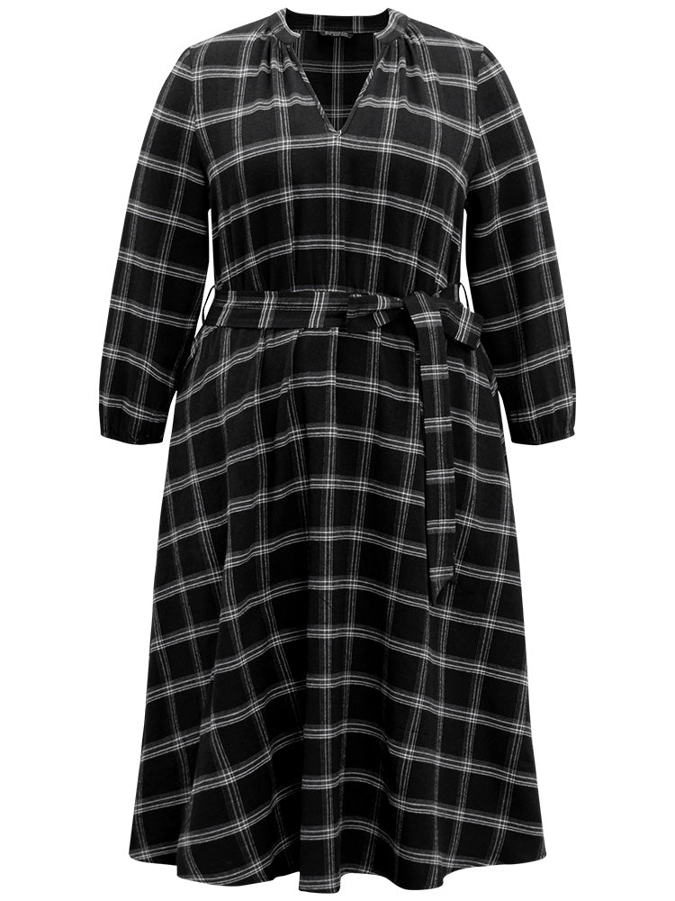 Plaid Notched Elastic Waist Belted Dress