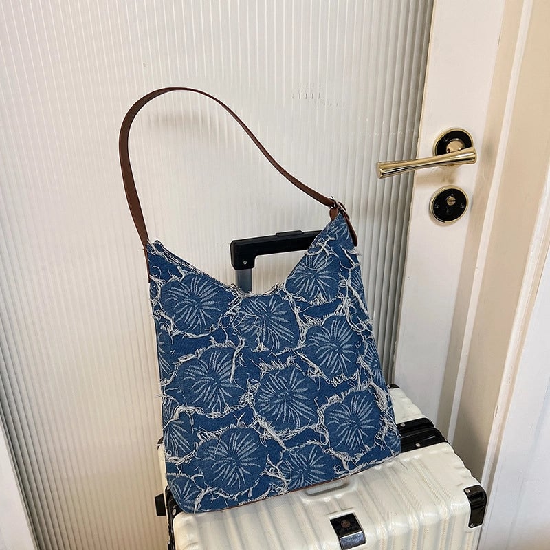 Women's Large Denim Flower Basic Square Zipper Shoulder Bag