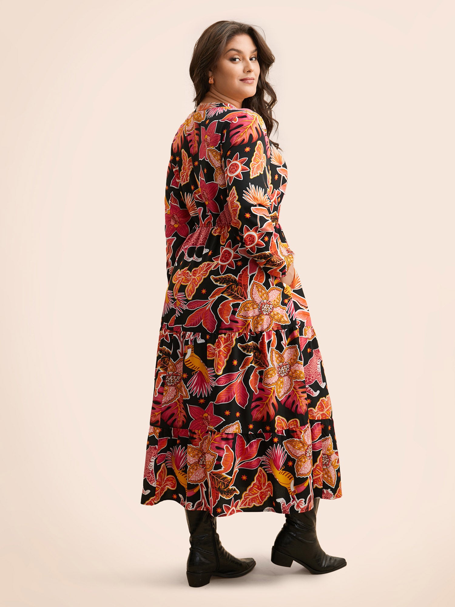 Notched Floral Elastic Waist Maxi Dress