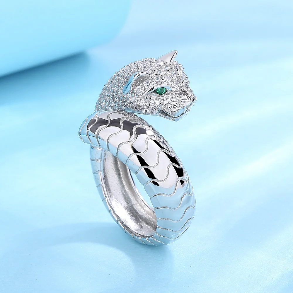 s925 sterling silver new ring Cheetah green eyes fashion trend domineer men and women open empty ring