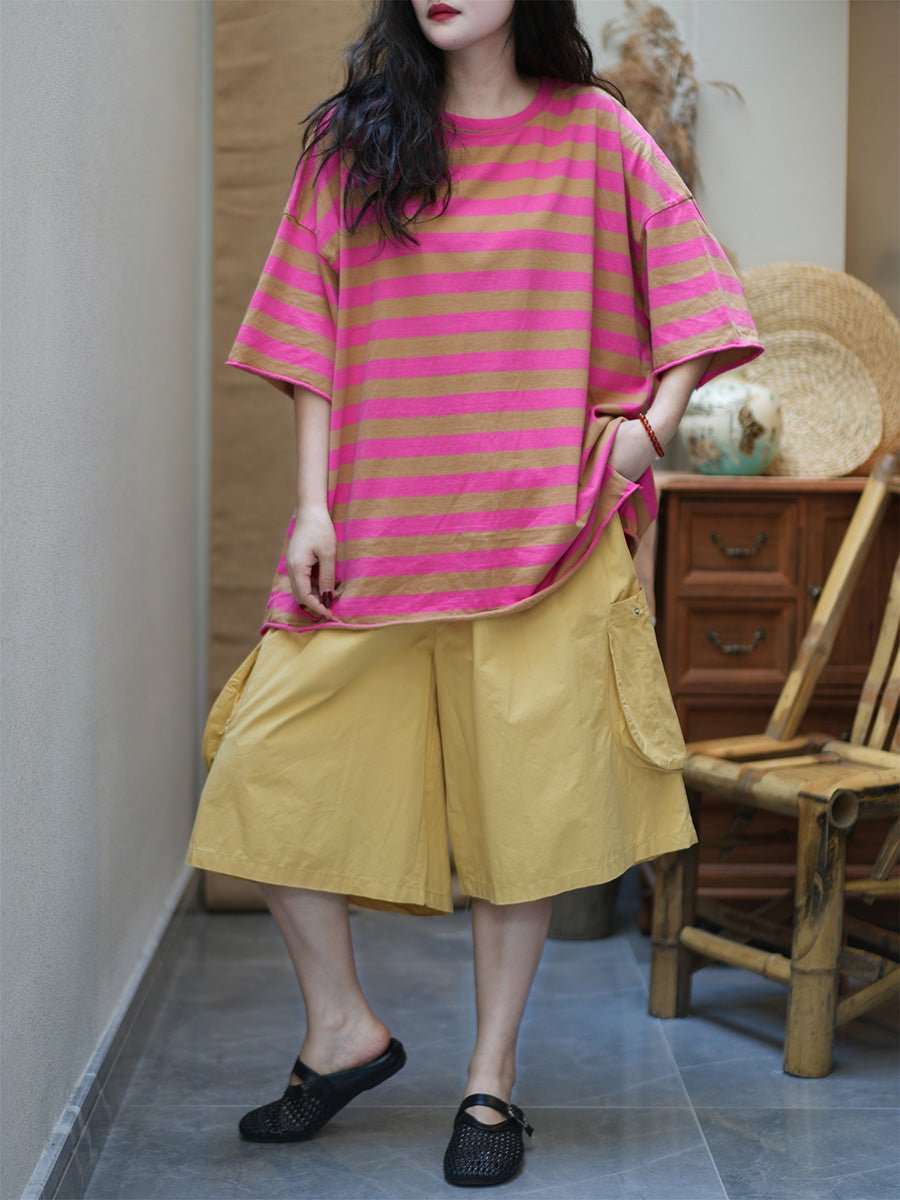 Women Summer Casual Stripe Cotton O-Neck Shirt