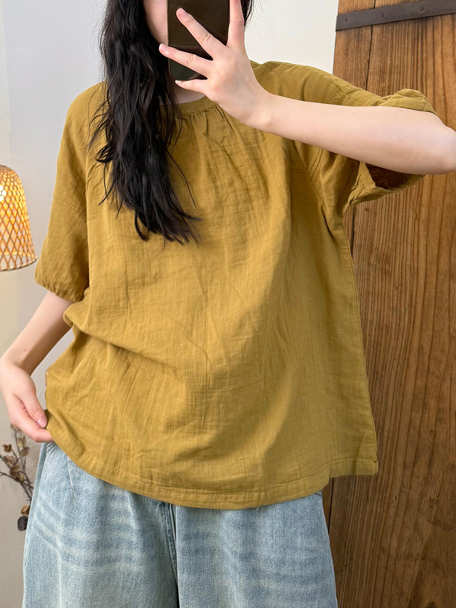 Women Summer Casual Pure Color Cotton O-Neck Shirt