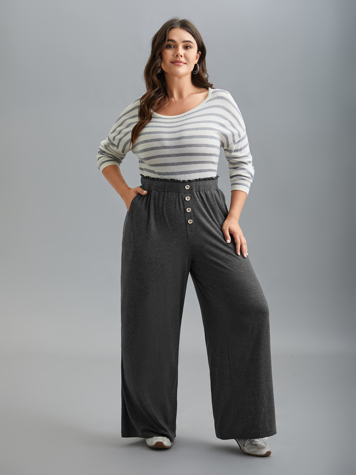 Button-Front Ruffled Waist Stretchy Pants