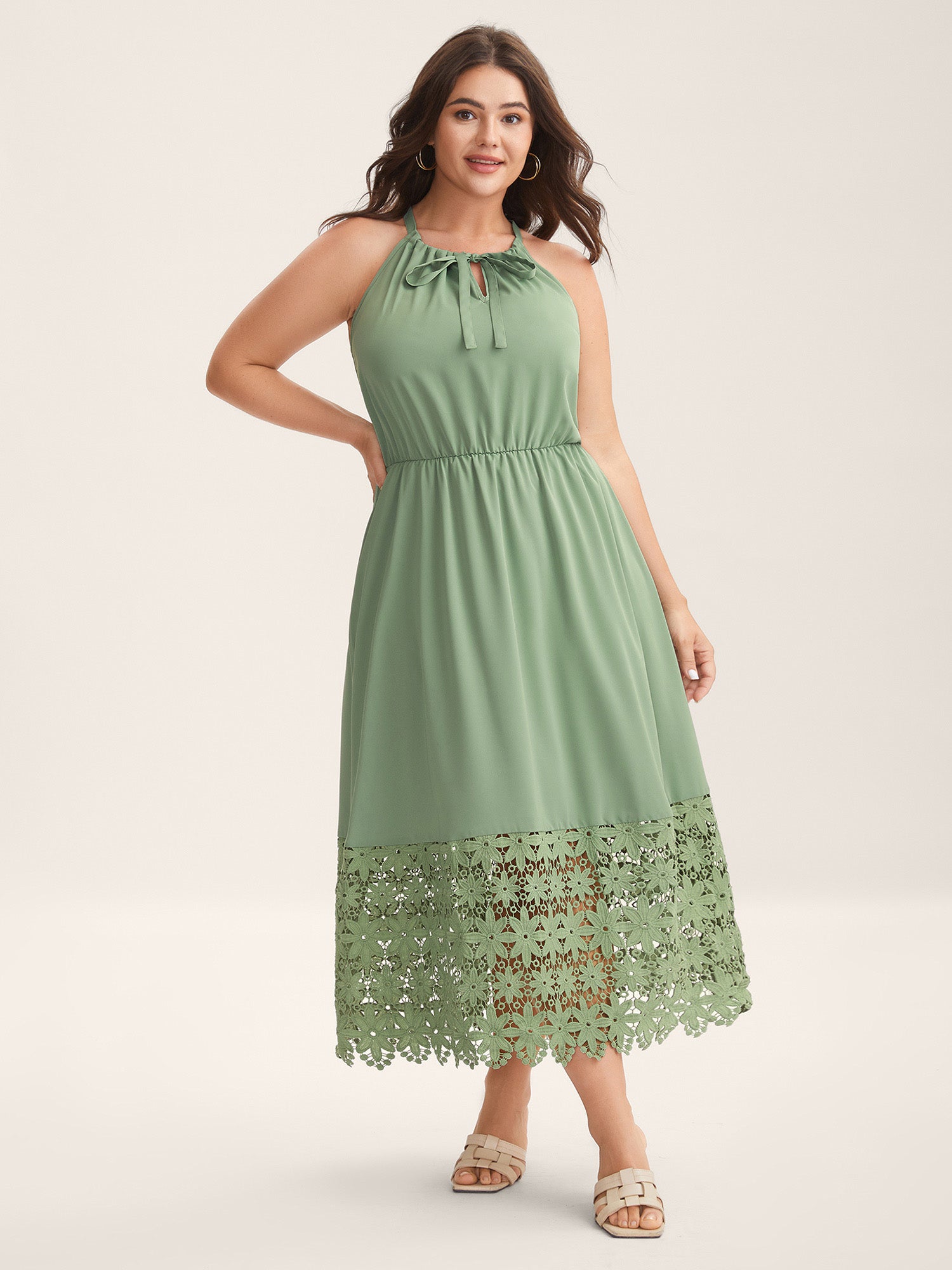 Lace Cut-Out Stretchy Waist Midi Dress