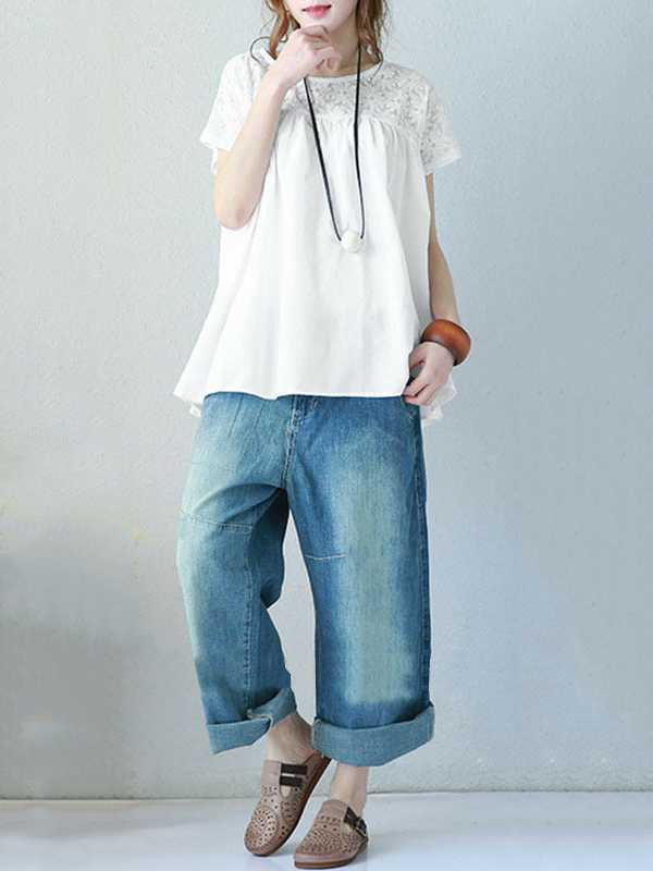 Vintage Solid Color Split-Joint Pleated Embroidered Hollow Lace Round-Neck Short Sleeves T-Shirt