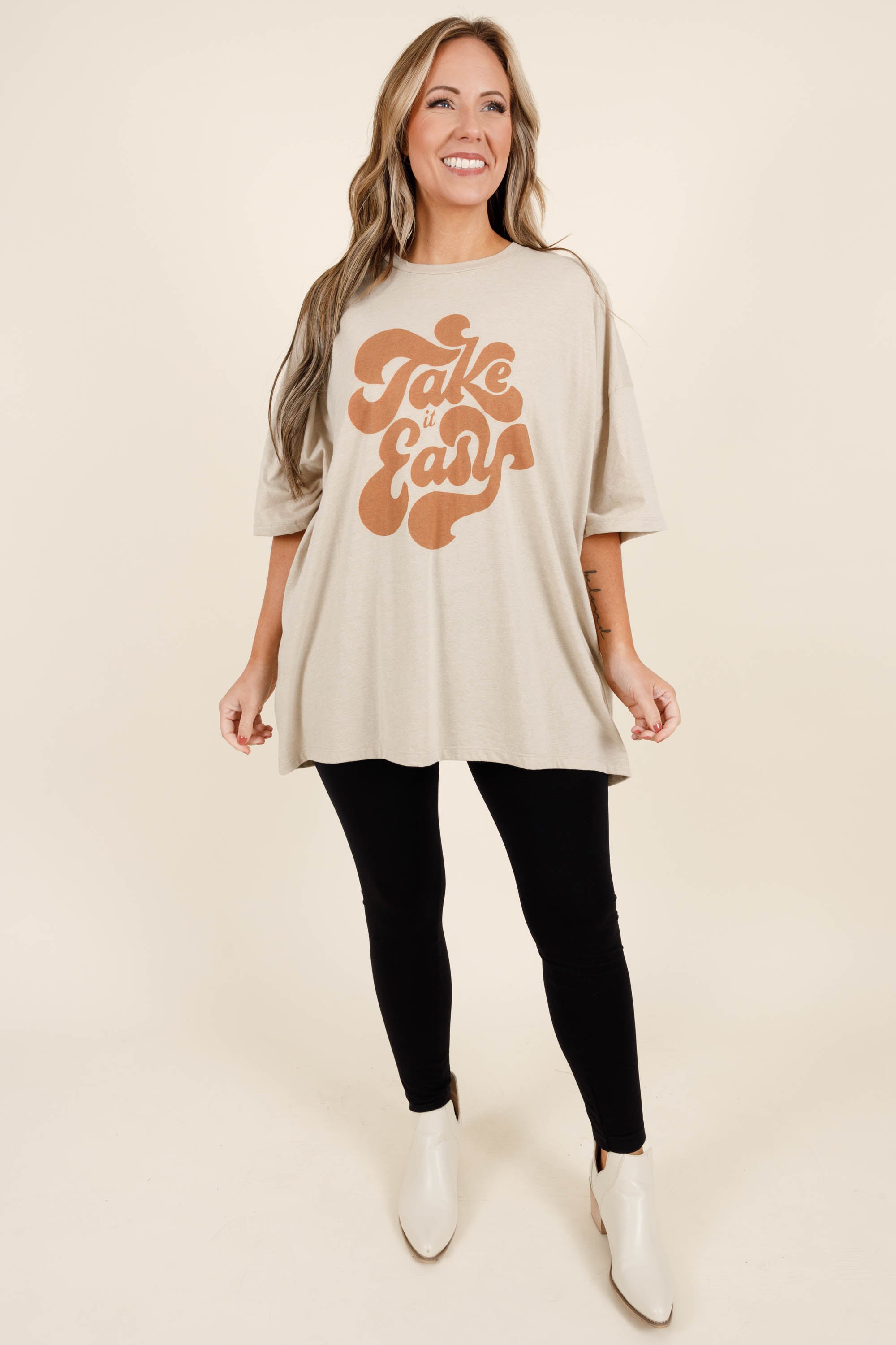 Take It Easy Boyfriend Tee. Heather Beige