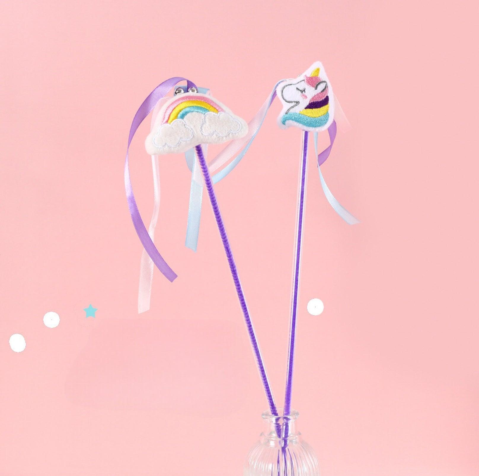 Rainbow and Unicorn Style Ribbon Bell Cat Teaser Wand