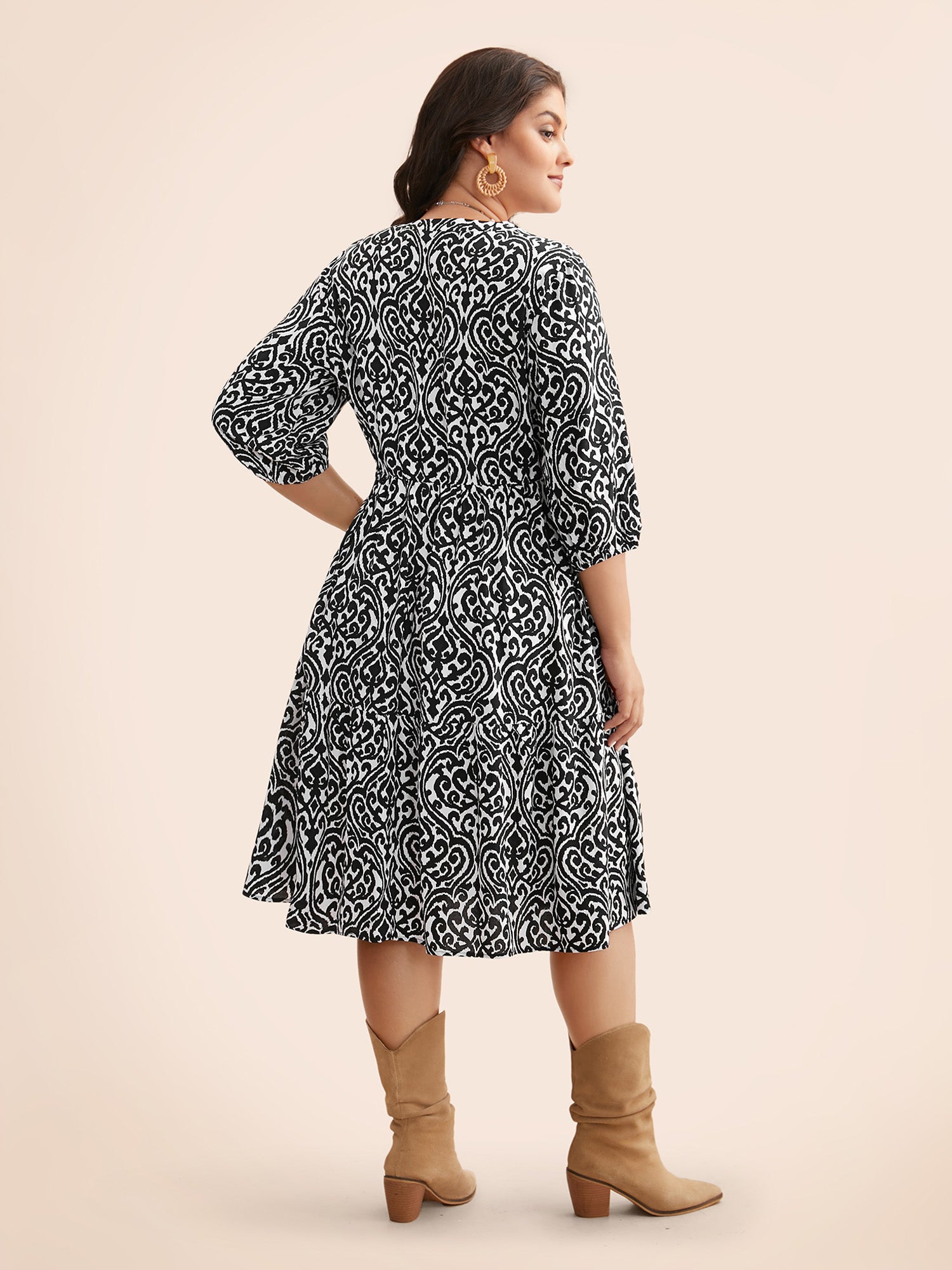 Boho Print Tie Knot Puff Sleeve Dress