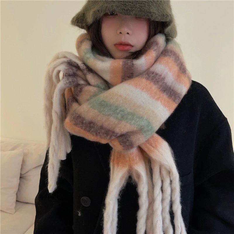Brown Striped Scarf Women's Autumn And Winter  Trendy Winter Warm Imitation Cashmere Windproof Scarf For Students