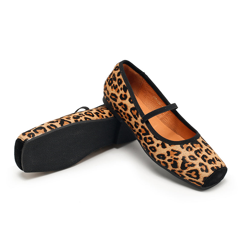 Elegant Leopard Print Pony Hair Square-Toe Ballet Flats | Dwarves Studio in Black