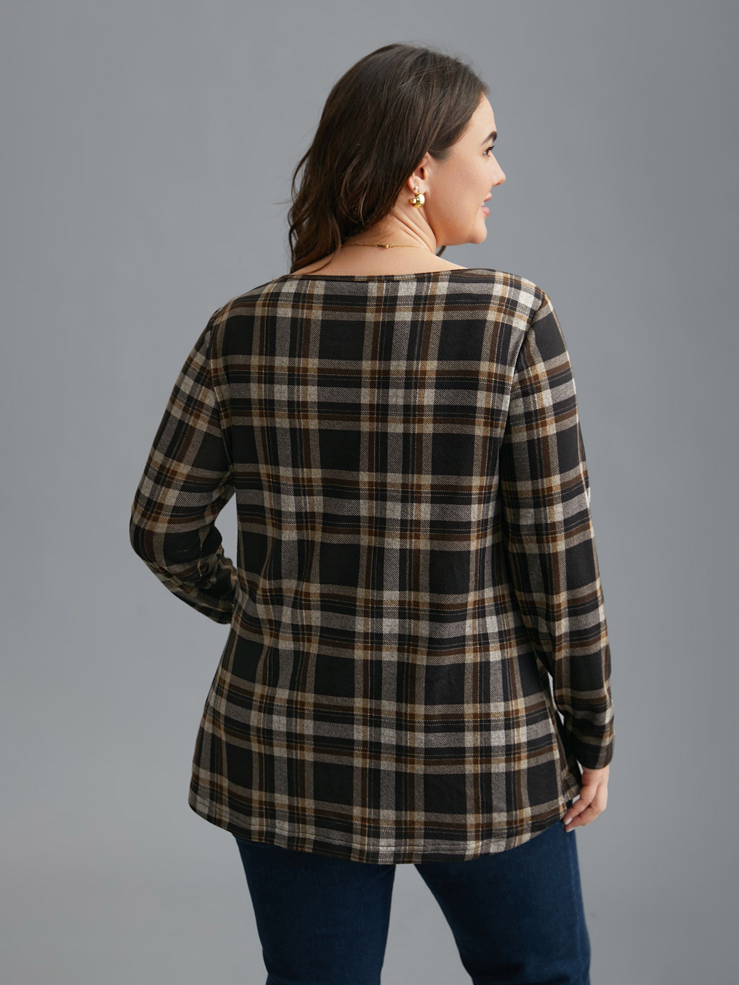 Plaid Pleated Square Neckline Knit Top