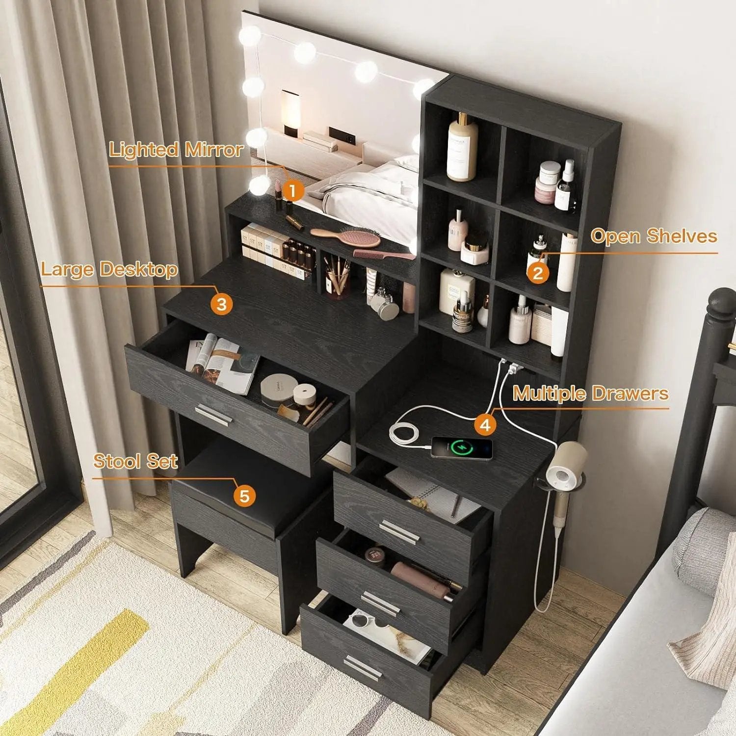 Makeup Vanity Table with Charging Station 3 Lighting Modes Brightness Adjustable