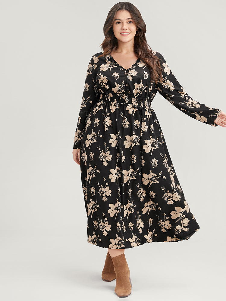 Floral V Neck Button Pocket Shirred Midi Dress