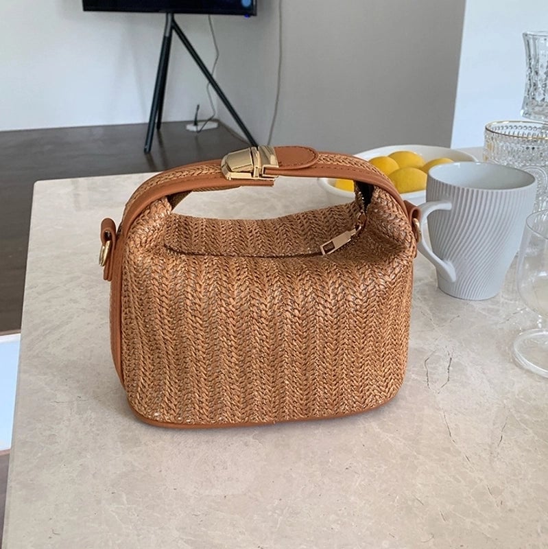 Women's Small Straw None Streetwear Weave Bucket Zipper Women's Handbag Square Bag