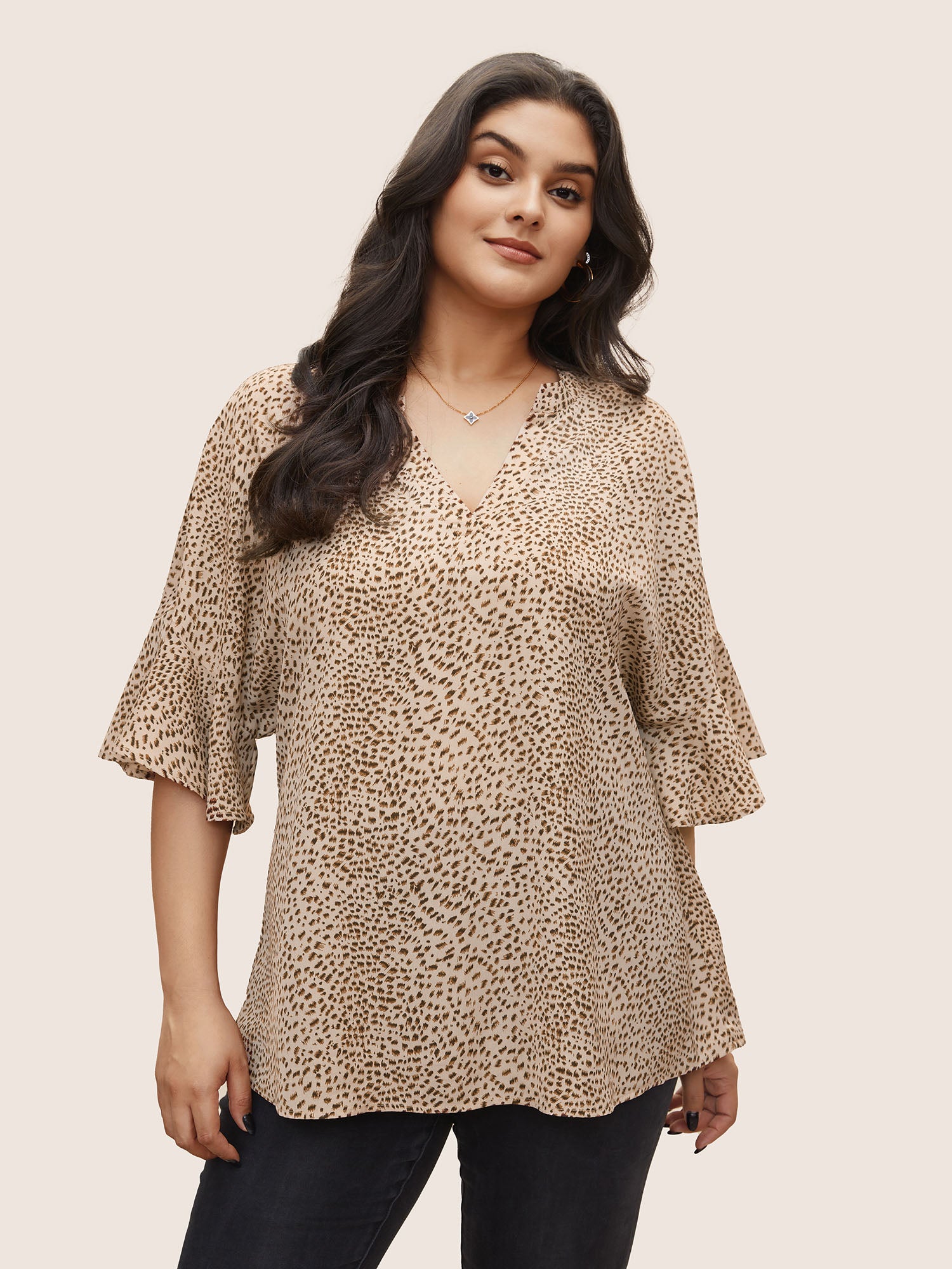 Leopard Print V Neck Ruffle Sleeve Blouse