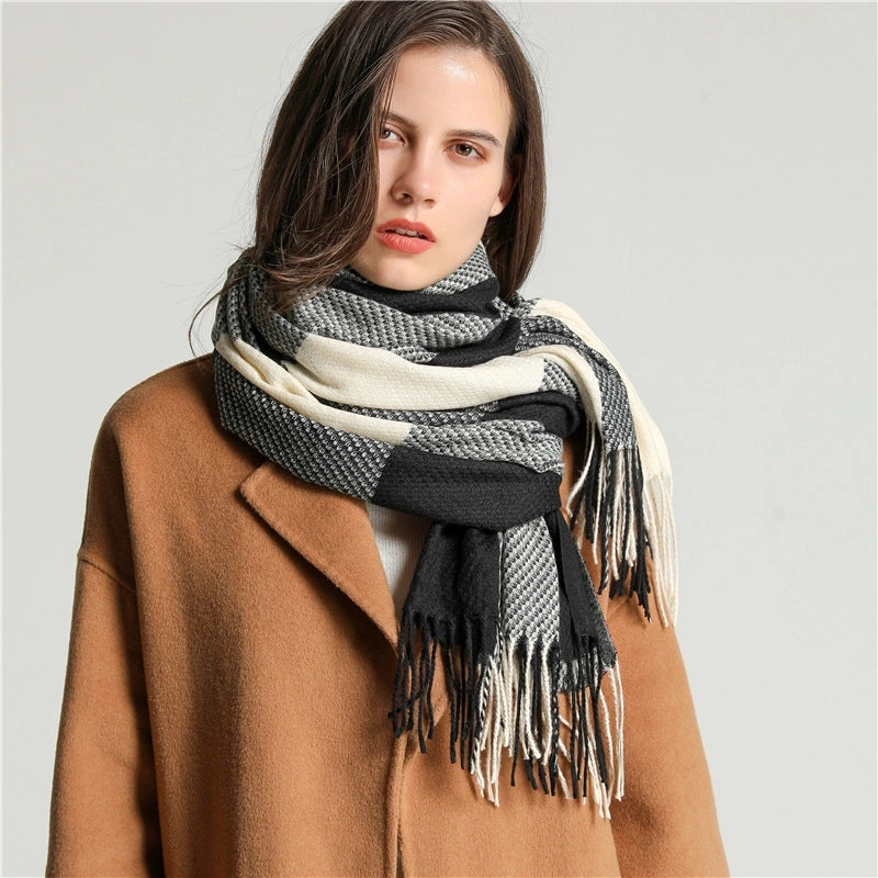 Winter New Scarf Cashmere-like Check Pattren Tassel Men's And Women's Shawl Color Matching  Casual Student Scarf