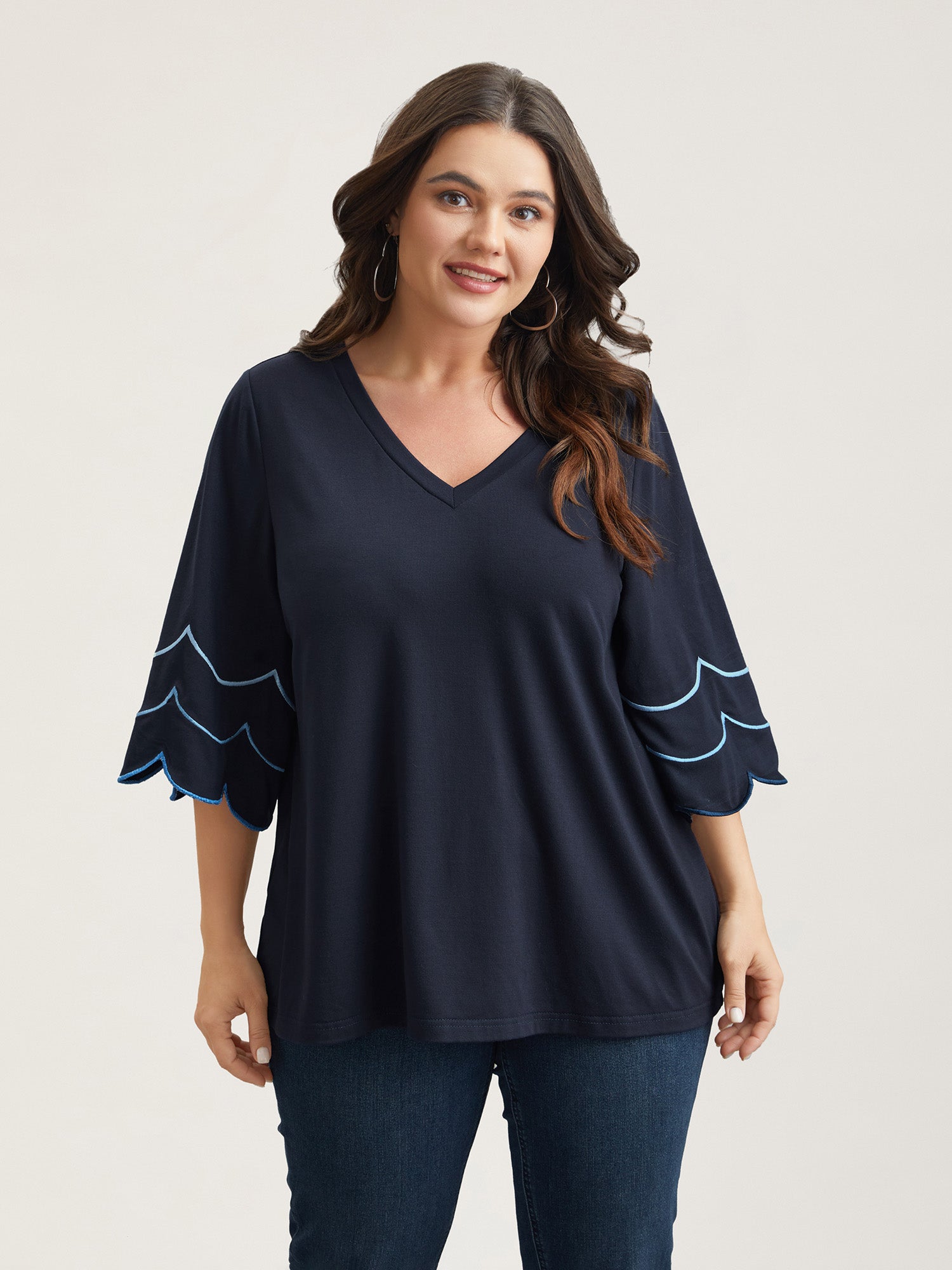 Embroidered Trumpet Sleeve V-Neck T-Shirt