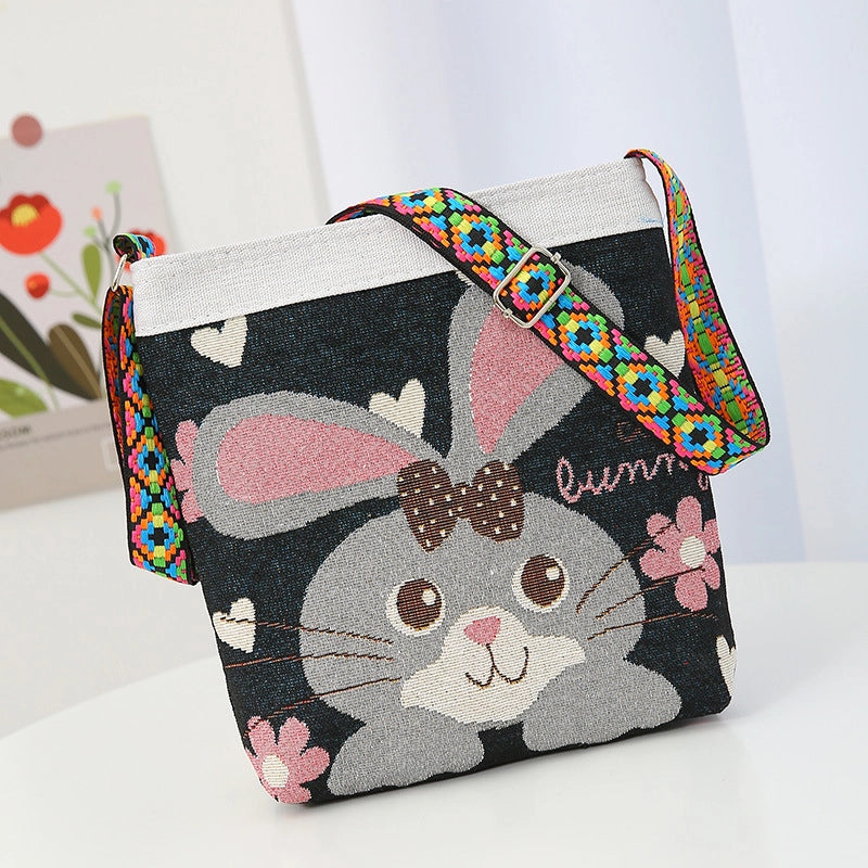 Women's Medium Cotton And Linen Animal Cute Zipper Shoulder Bag