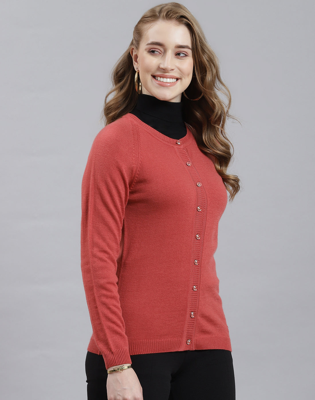 Women Rust Solid Round Neck Full Sleeve Cardigan