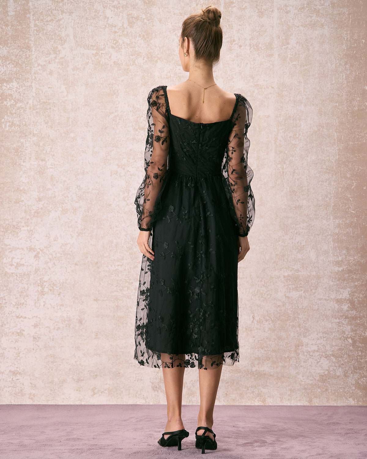 The Black Sweetheart Neck Mesh Midi Dress