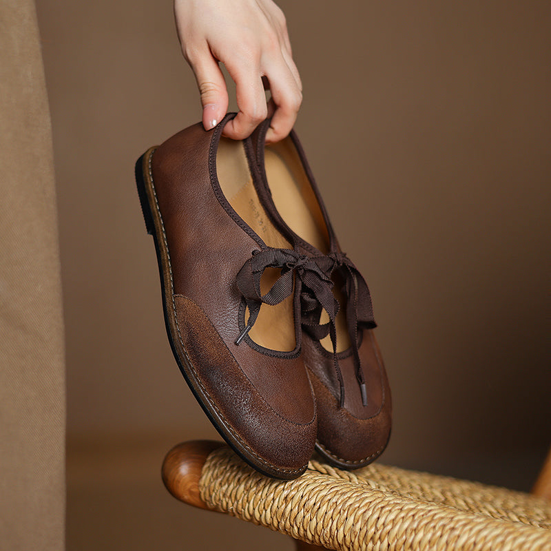 Classic Leather Mary Jane Flats for Women Lace-Up Comfort Shoes in Black/Brown
