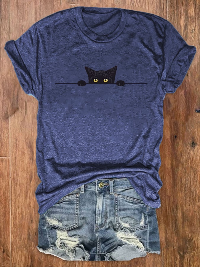 Women's Black Cat Print Crew Neck T-Shirt