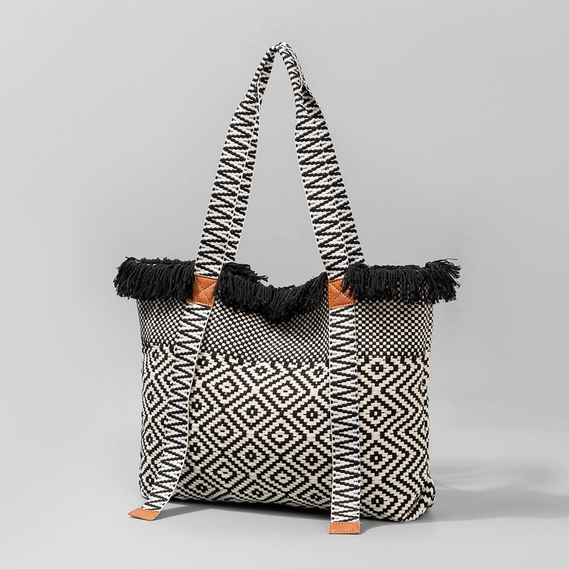 Women's Large Canvas Geometric Classic Style Square Zipper Tote Bag
