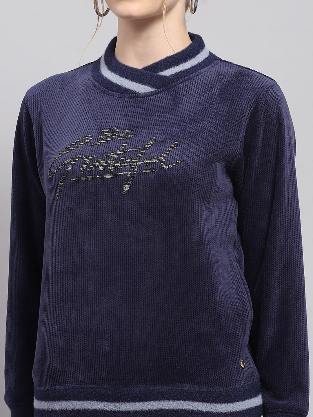 Women Navy Blue Printed High Neck Full Sleeve Sweatshirt