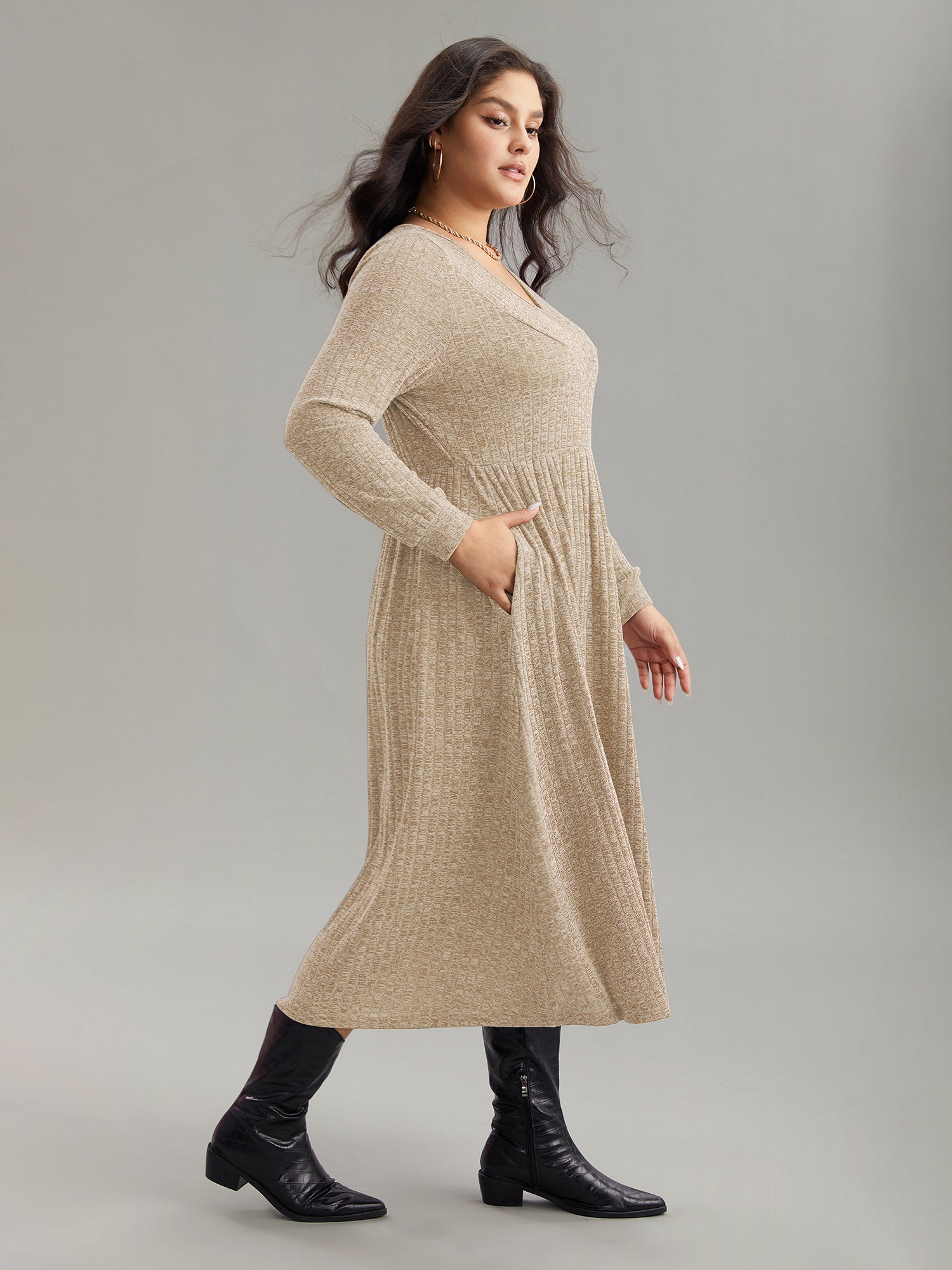 Rib Knit Plain Plisse Long Sleeve Dress