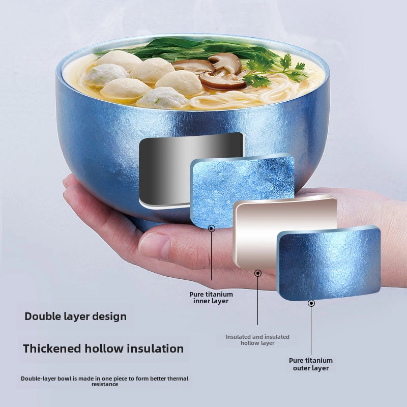 Household Large Double-layer Thickened Pure Titanium Bowl High-end Restaurant Pure Titanium Rice Bowl Tableware Outdoor Insulated Titanium Alloy Round Bowl