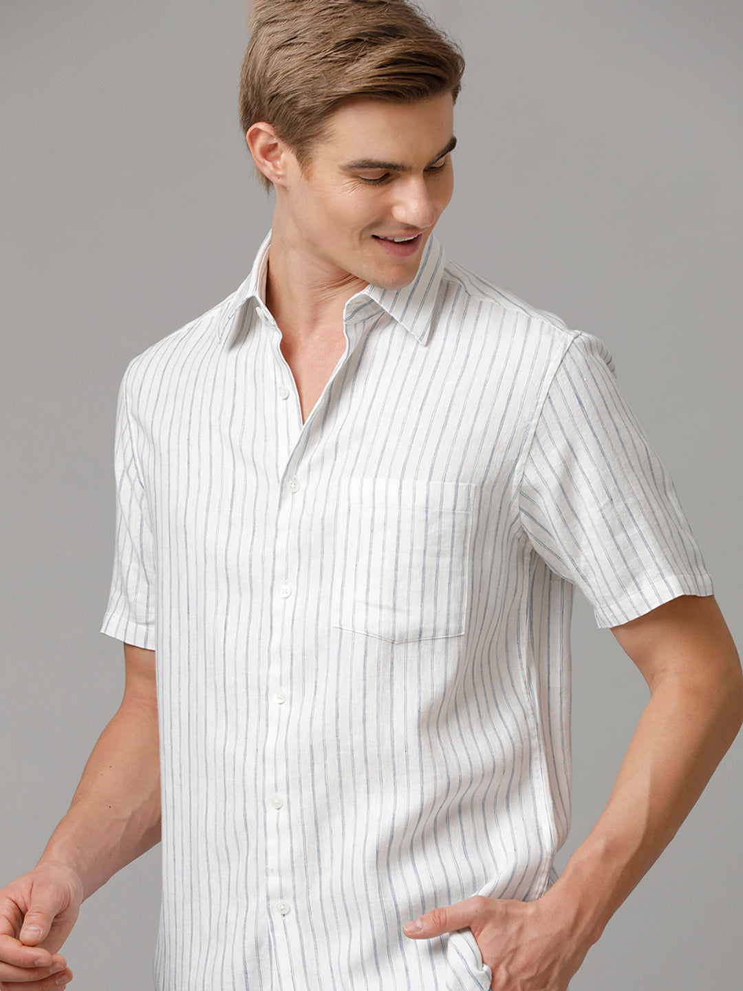 Men Stripes Casual White Shirt (LAINE)