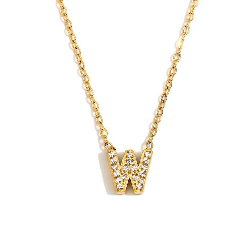 Fashionable And Simple 26 English Letter Pendant Stainless Steel Plated 18K Gold Diamond Small Letter Necklace For Women
