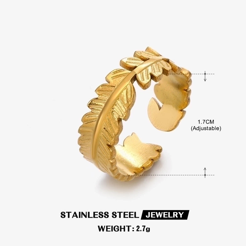 304 Stainless Steel 18K Gold Plated Minimalist Plating Leaf Open Ring