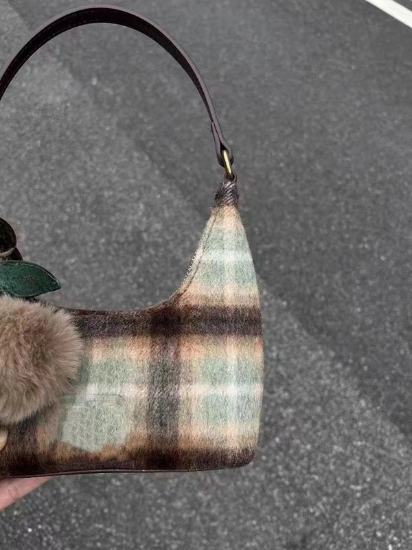 Wool Plaid Retro Niche Underarm Bag For Women New Autumn And Winter Cherry High-grade Portable Shoulder Bag