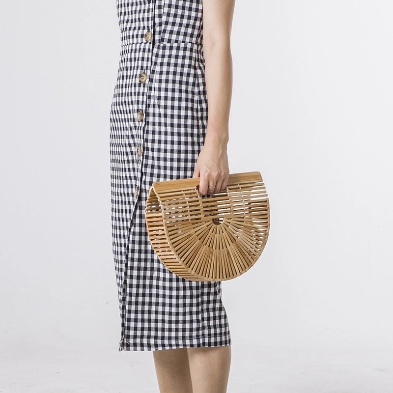 Women's Medium Bamboo Solid Color Vacation Beach Open Beach Bag