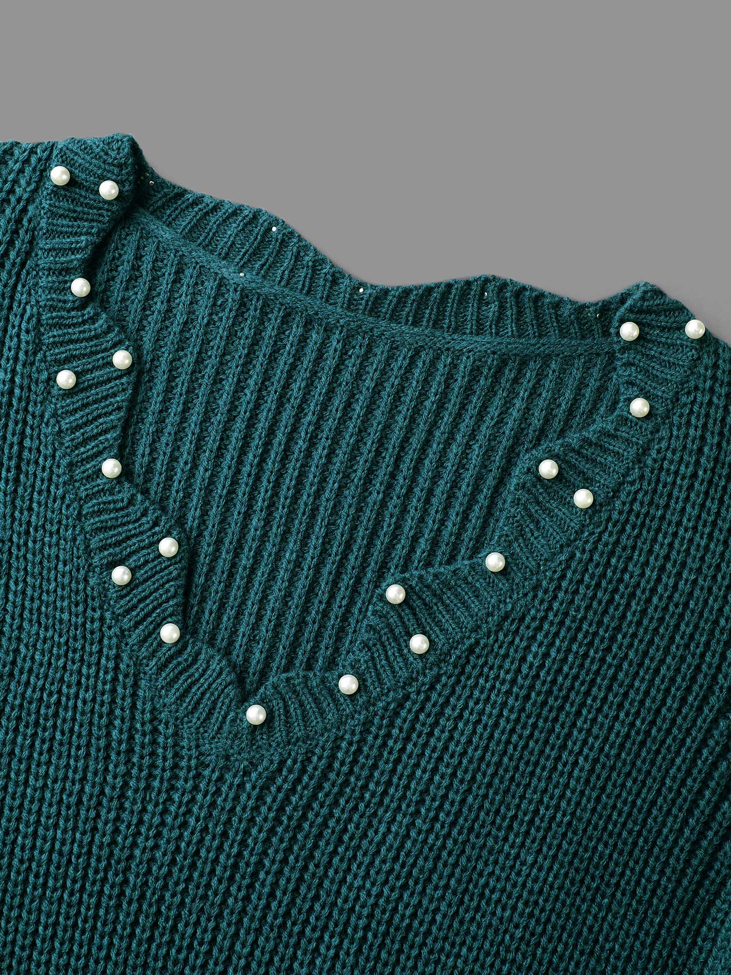 Wavy Neckline Pearl Waist-Defining Pullover