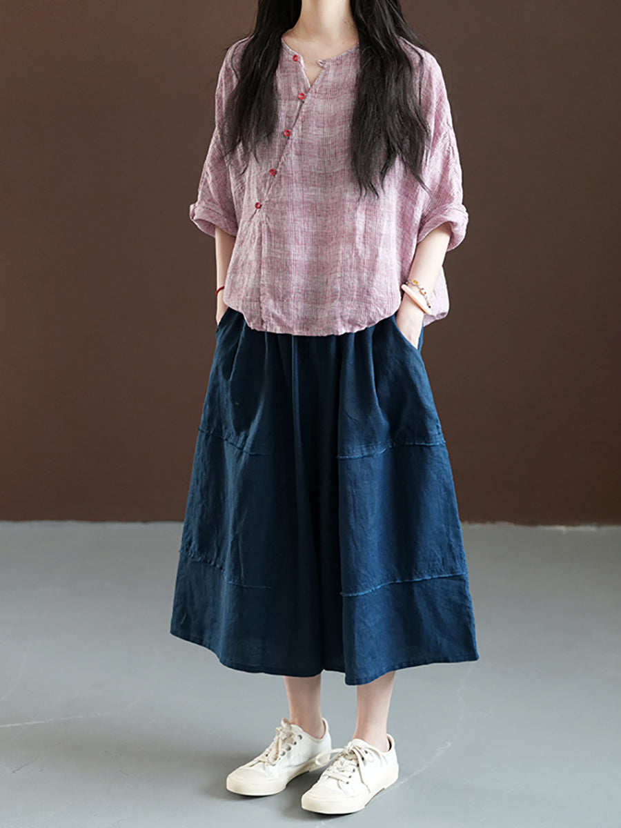 Women Summer Retro Plaid O-Neck 100%Linen Shirt