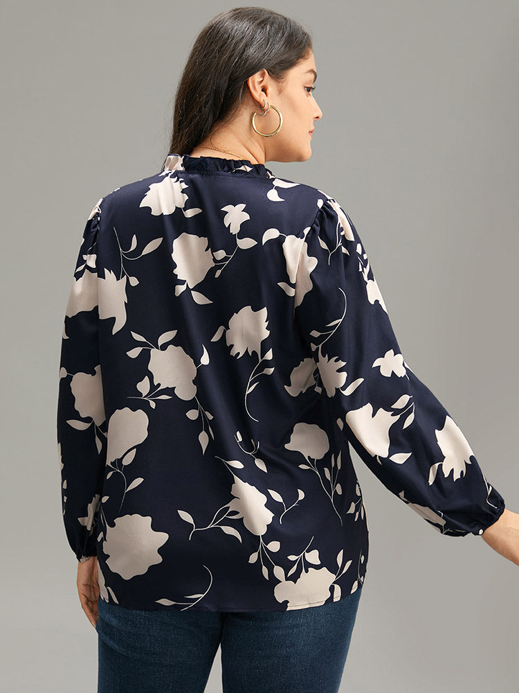 Silhouette Floral Print Stand Collar Tie Neck Blouse