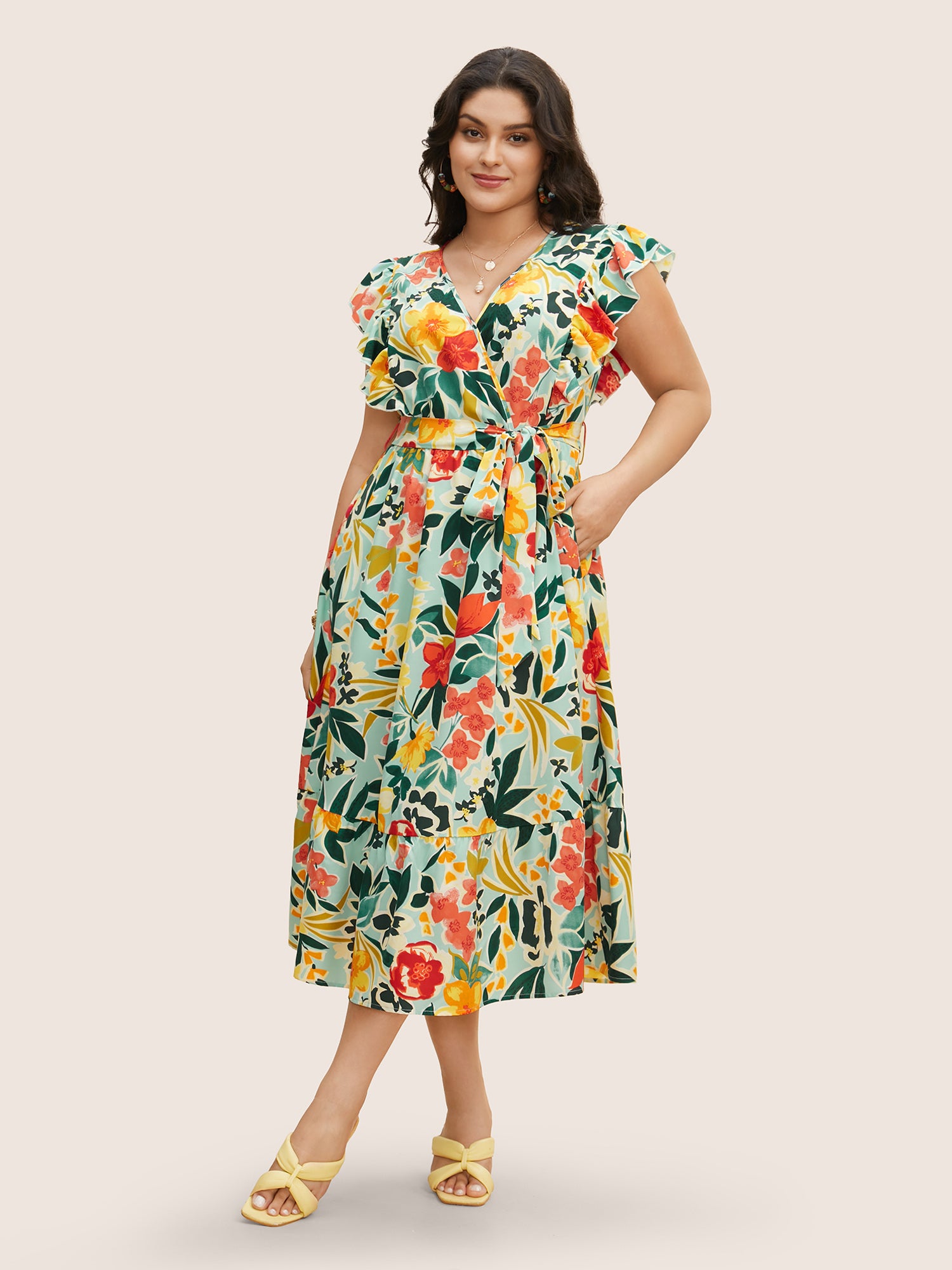 Floral Wrap Patchwork Ruffle Cap Sleeve Dress