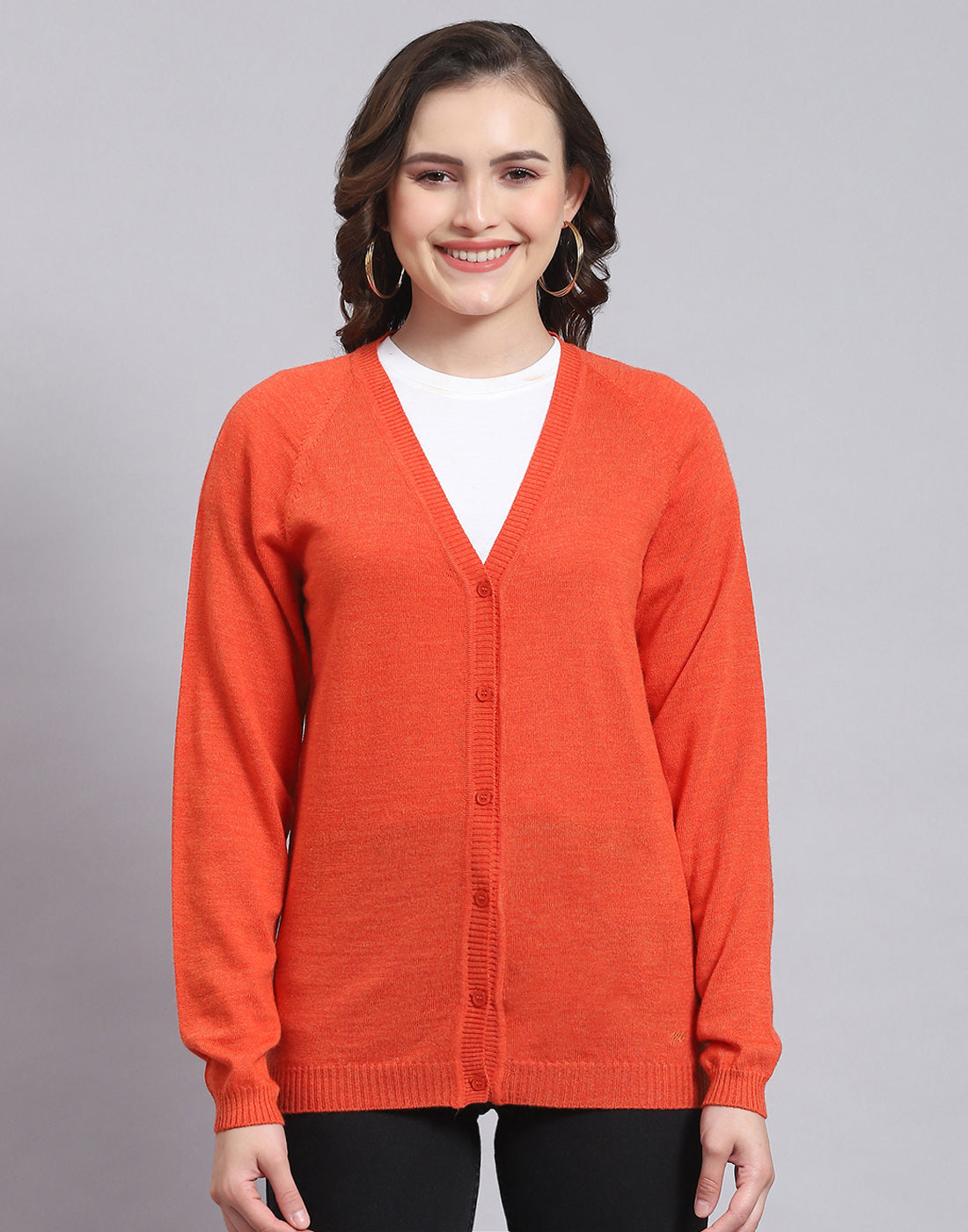 Women Orange Solid V Neck Full Sleeve Sweater