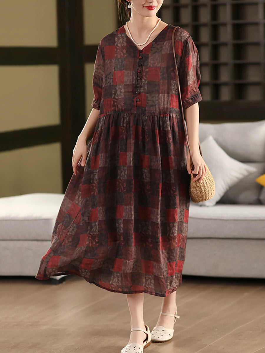 Women Summer Vintage Plaid V-Neck 100%Ramie Dress