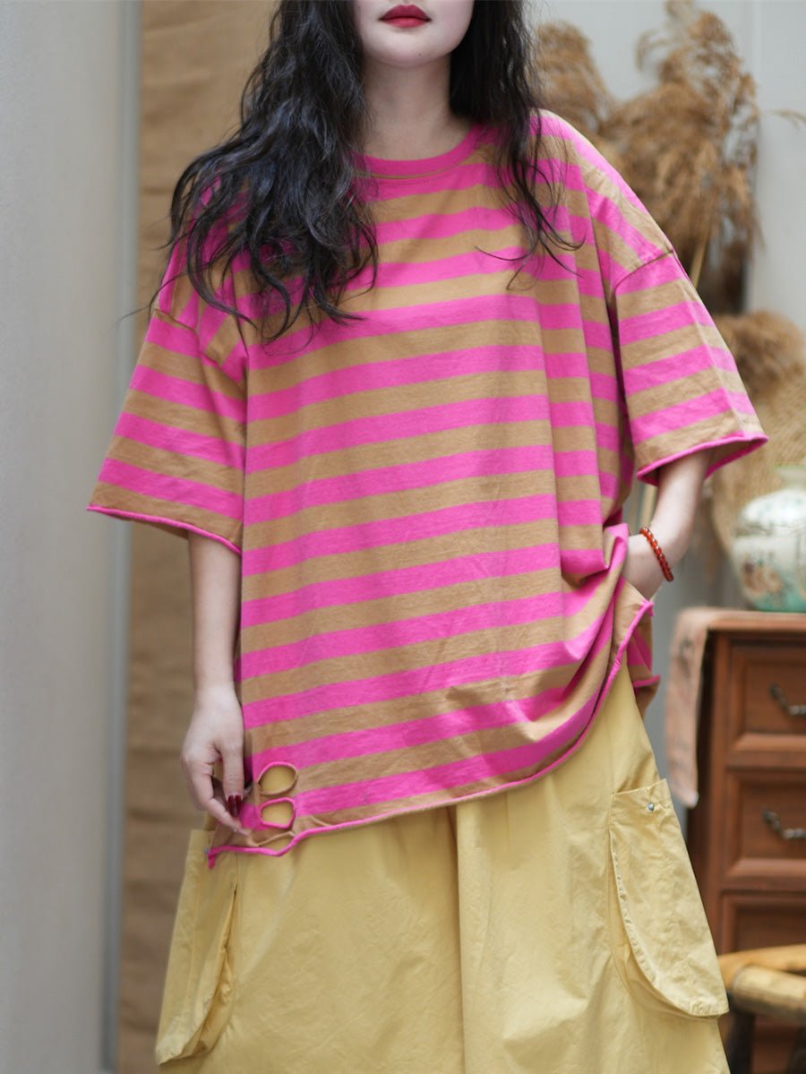 Women Summer Casual Stripe Cotton O-Neck Shirt