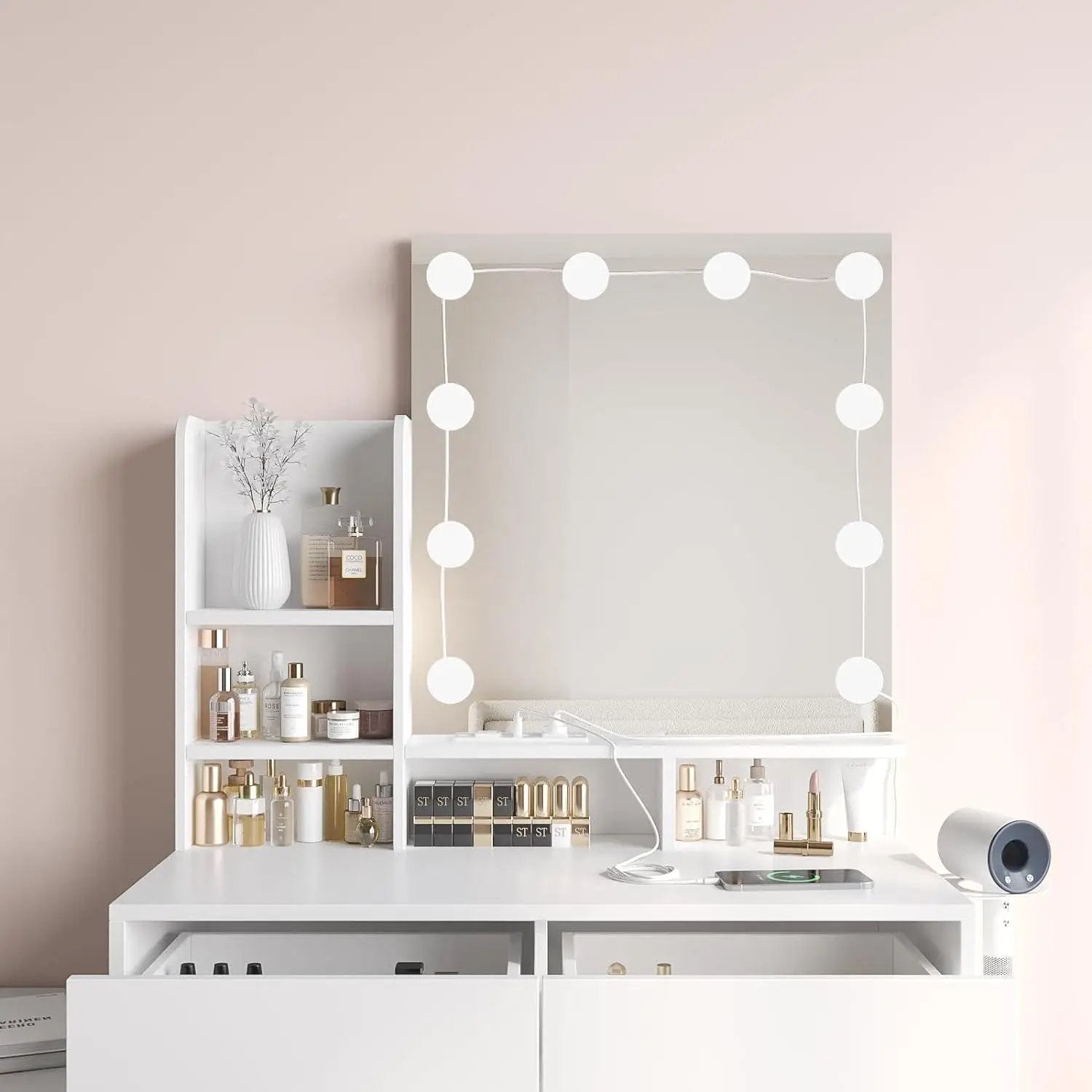 Functional White Vanity Table with 5 Drawers and Lots Storage Shelves for Women Girls