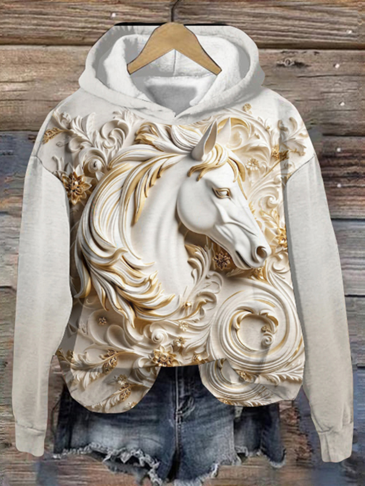 Art Horse Print Long Sleeve Casual Hoodie