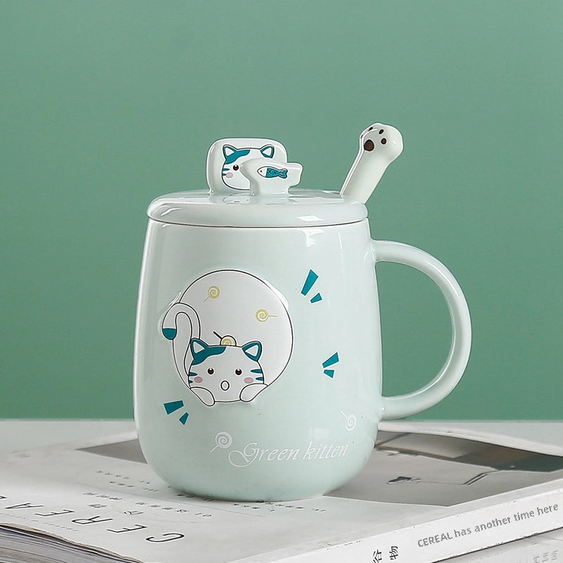 Cat Mug With Lid Spoon Ceramic Cup Creative Personality Trendy Office Cartoon Ins Household Coffee Cup