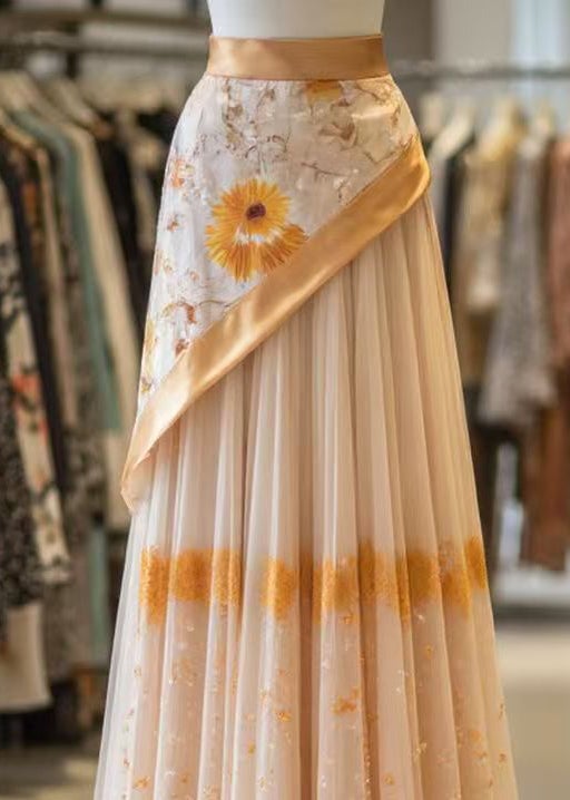 Classy Orange Print Wrinkled Patchwork False Two Pieces Tulle Skirt Summer