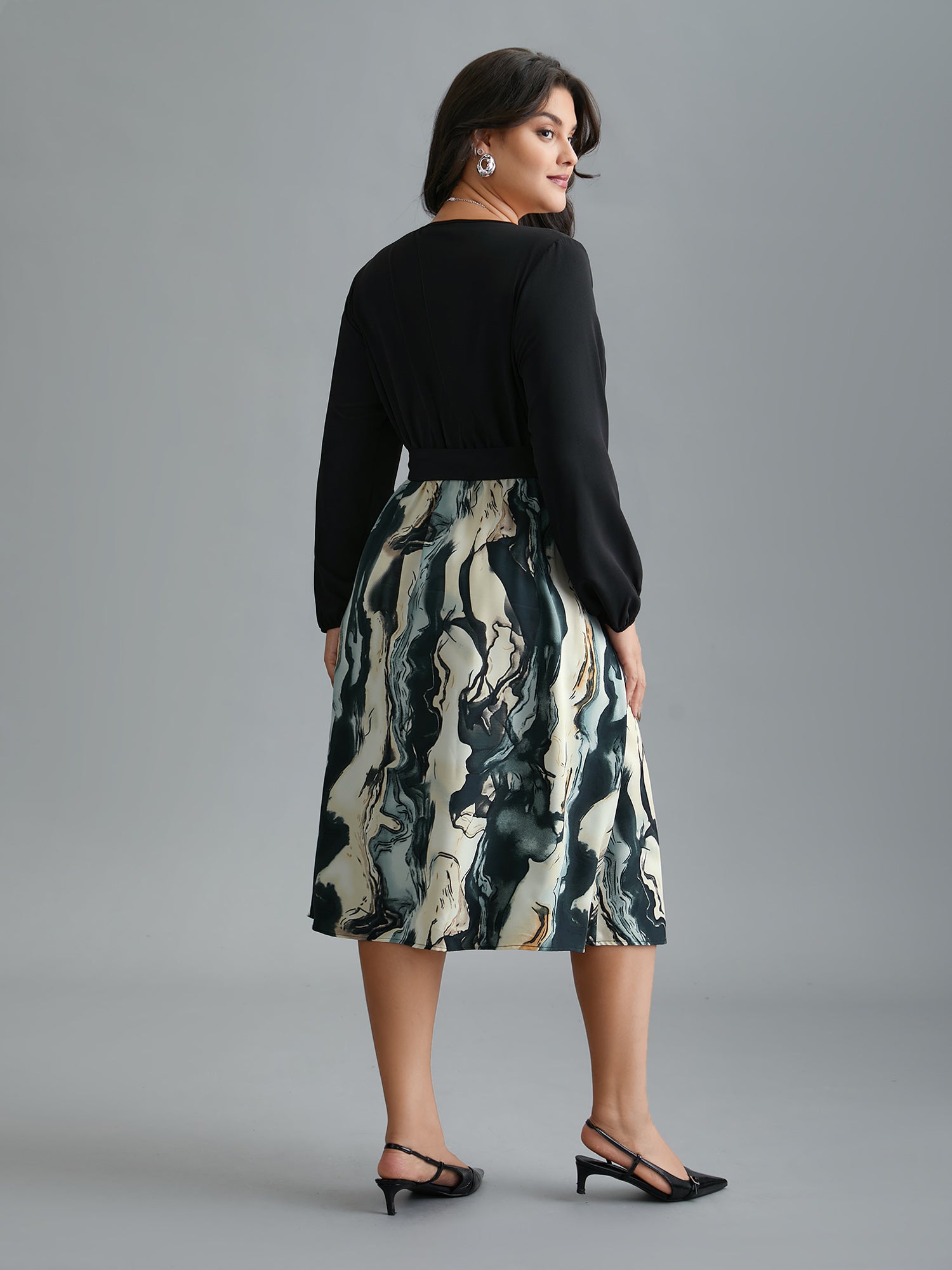 Surplice Neck Marble Print Belted Dress